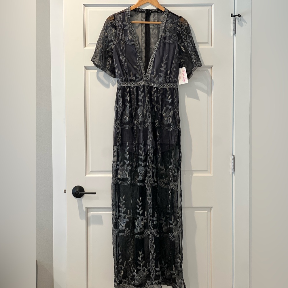 Elegant Navy Embroidered Maxi Dress